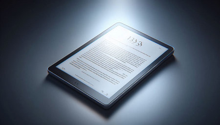 Tablet pc with digital document on dark background. 3D rendering
