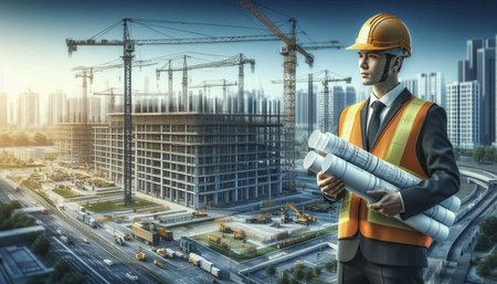Double exposure of Engineer or architect on construction site with building under construction.