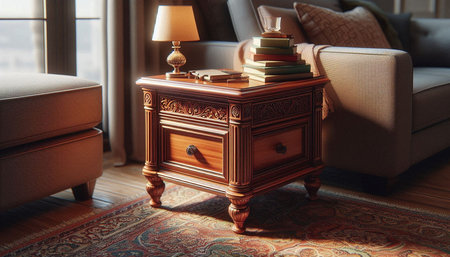 Wooden chest of drawers with books and lamp in the interior