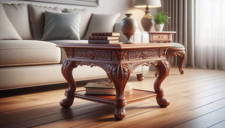 Living room interior with wooden table and sofa. 3d render.の写真素材