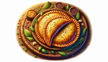 Baked empanadas with meat and vegetables on a wooden boardの写真素材