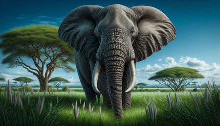African elephant in savannah with acacia trees in background - 3D render
