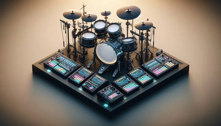 Drum kit on the stage. 3d rendering. Computer digital drawing.