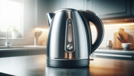 Modern electric kettle on a kitchen counter. 3d rendering mock up toned imageの写真素材