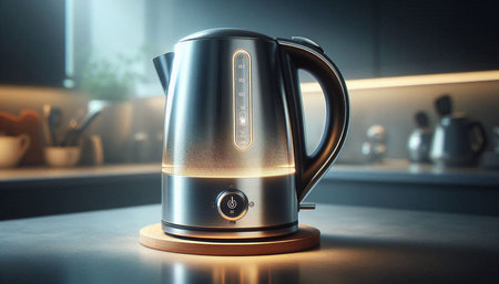 Modern electric kettle on the kitchen countertop. 3d rendering.の写真素材