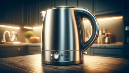 Modern electric kettle on wooden table in kitchen. 3D Renderingの写真素材