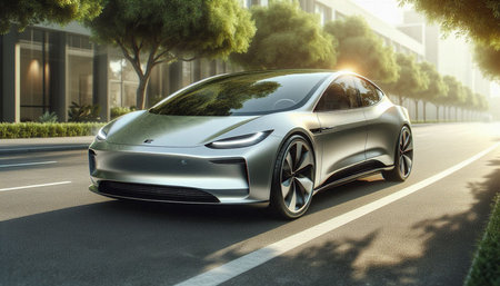 Modern car on the street. 3d rendering. Image toned.