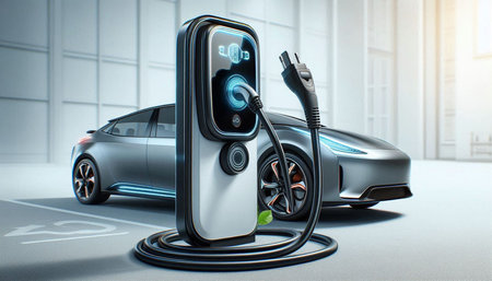 Electric car charging in a charger station. 3d render image.