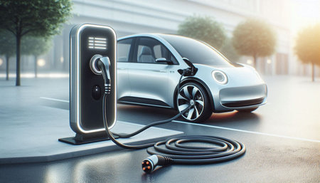 Electric car charging on the street at night. 3d rendering.