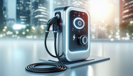 Electric car charging station 3d render concept for energy saving and alternative energy