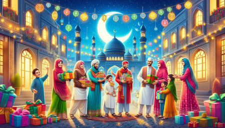 Happy family with gift boxes in front of mosque at night, Ramadan Kareem background