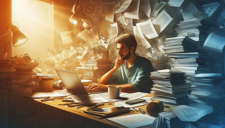 Young man working in office with piles of papers. Toned image double exposure