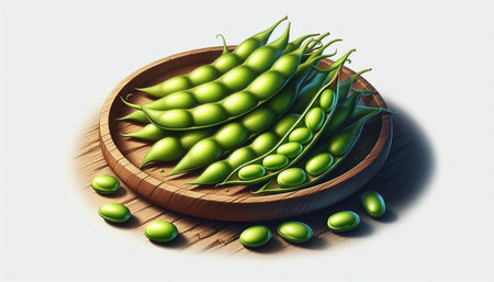 Green soybeans on a wooden plate. 3d illustration, vector.