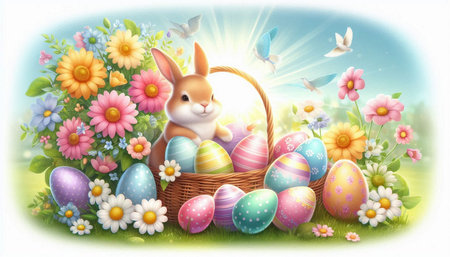 Easter bunny with basket full of colorful eggs, flowers and butterflies