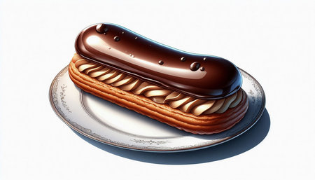 Eclair with chocolate glaze on a plate on a white background