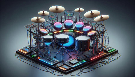 Drum kit on a dark background. 3d rendering. Computer digital drawing.