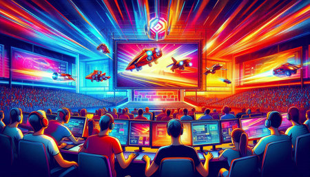 People watching video games on monitors in a gaming room. 3D rendering
