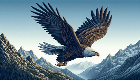 Eagle flying in the mountains. 3D rendering. Computer digital drawing.
