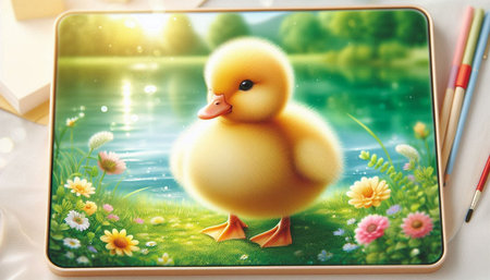 Cute duck on a table with a bouquet of flowers.の写真素材