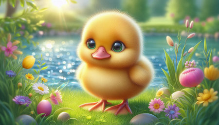 3d render of cute yellow duckling in the grass with Easter eggs