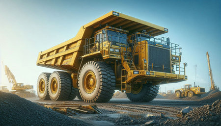 Heavy mining truck at the construction site. 3d render illustration.