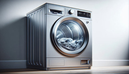 Washing machine on the floor in the room. 3d rendering