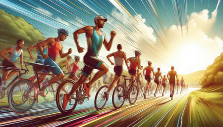 Cyclists running on the road at sunset with motion blur effect