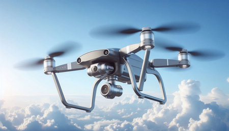 Drone with camera flying in the blue sky. 3d rendering