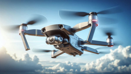Drone flying in the blue sky. 3D rendering image.
