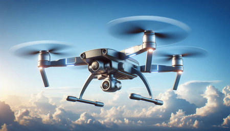Drone flying in the blue sky. 3d render illustration.