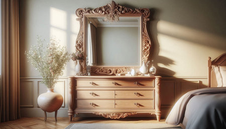 Classic bedroom interior with furniture and mirror. 3d render illustration.の写真素材
