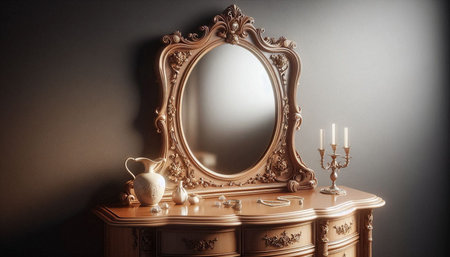Vintage mirror and candlestick on the chest of drawersの写真素材