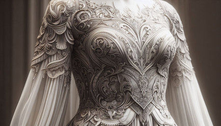 Detail of a wedding dress on a mannequin in a shop windowの写真素材