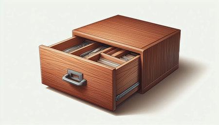 Illustration of an open drawer with drawers on a white backgroundの写真素材