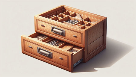 Illustration of an open wooden drawer with drawers on a white backgroundの写真素材