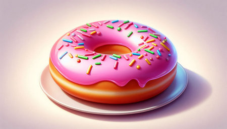 Donut with pink glaze and colorful sprinkles on a plate