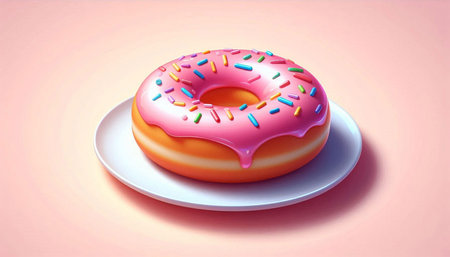 Illustration of a donut with pink glaze on a plate