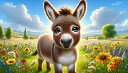 donkey in the meadow with flowers - 3d render illustration