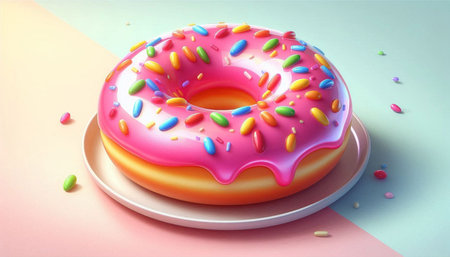 3d render of donut with pink icing and colorful sprinkles
