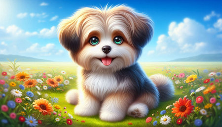 Cute puppy sitting on the flower meadow with blue sky backgroundの写真素材