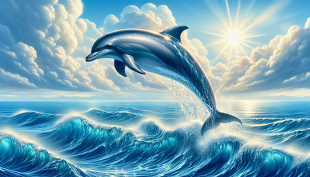 Dolphin jumping out of the sea. 3d render illustration.