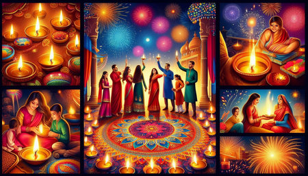 Indian people celebrating diwali festival of lights and diya with diwali diya background illustrationの写真素材