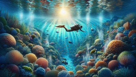Underwater view of coral reef and diver. 3D rendering.の写真素材