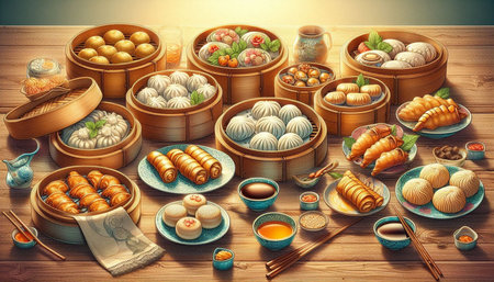 Chinese dim sum in bamboo steamer on wooden table, chinese food illustrationの写真素材