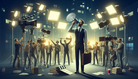 Conceptual image of businessman speaking in megaphone. Mixed media