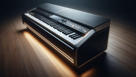 piano in dark room with light beam, 3d render illustration