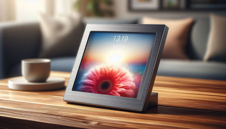 Close up of digital tablet on wooden table in living room. 3D rendering