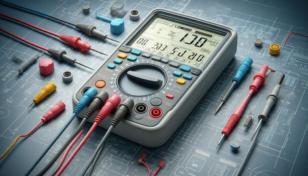 Digital multimeter on the background of electrical components. 3d rendering