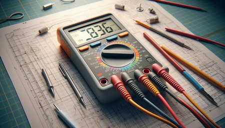 Electronic multimeter on the table of technical drawings. Toned.