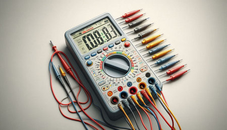 Digital multimeter with wires and soldering iron on a white background